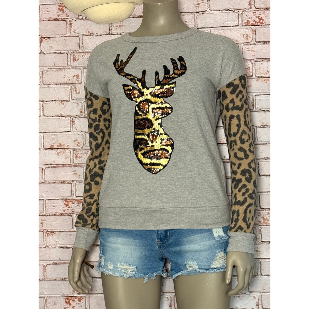 Sweet Claire Sequin Leopard Deer Head Gray Sweatshirt Top Womens Small USA